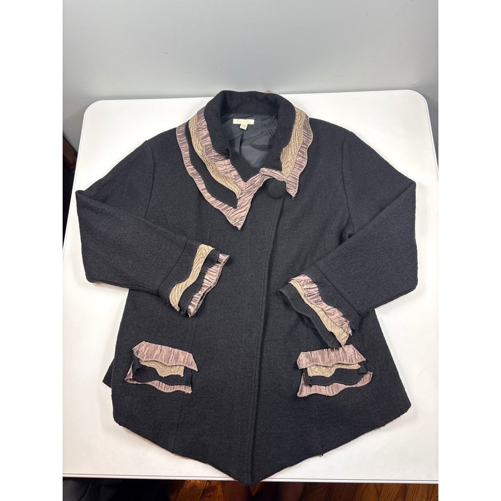 Carson 100% Wool Avant Garde Ruffle Trim Jacket Artwear Black Gold XL